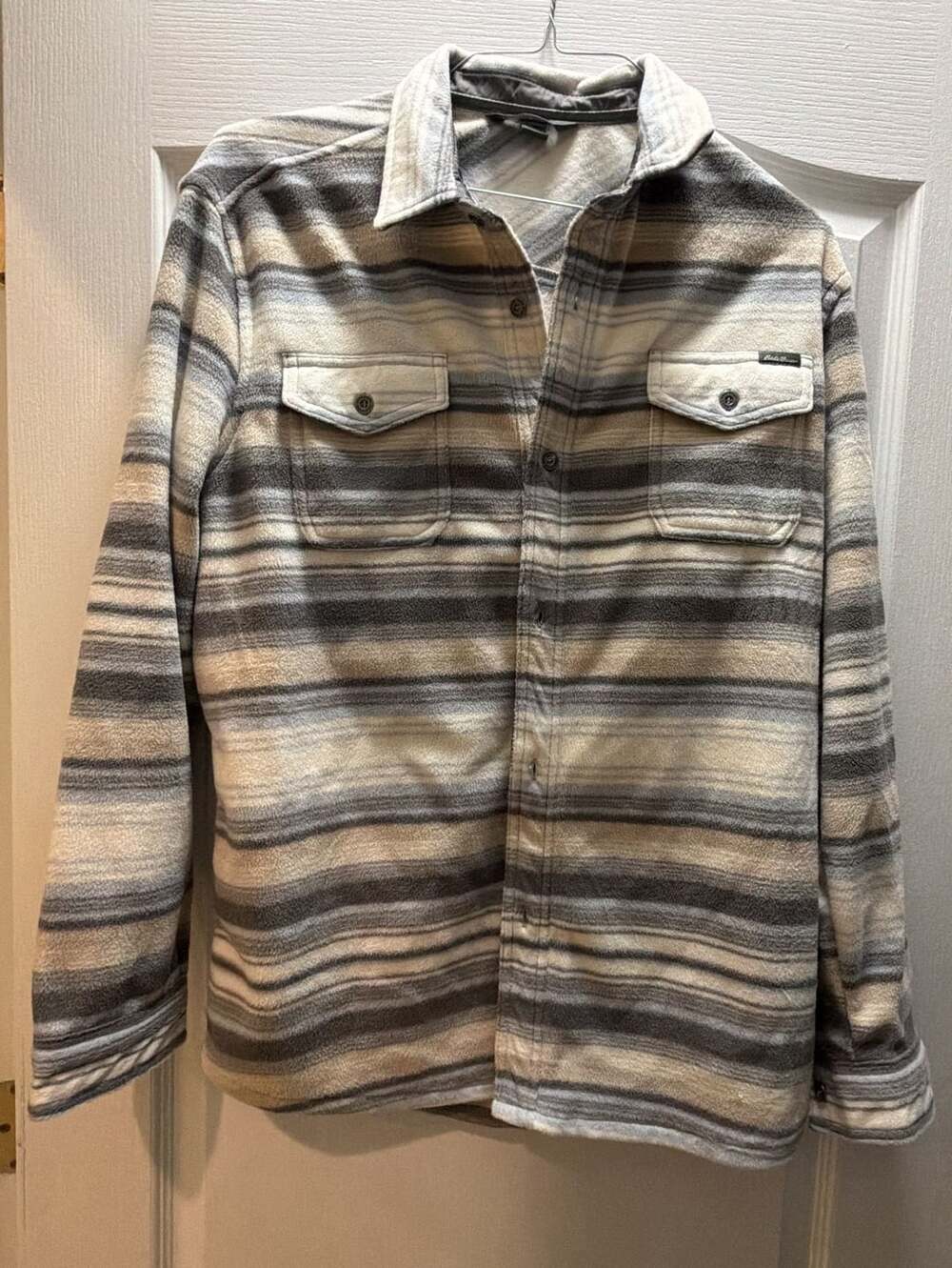 Eddie Bauer Fleece Button Down Shirt Gray Striped